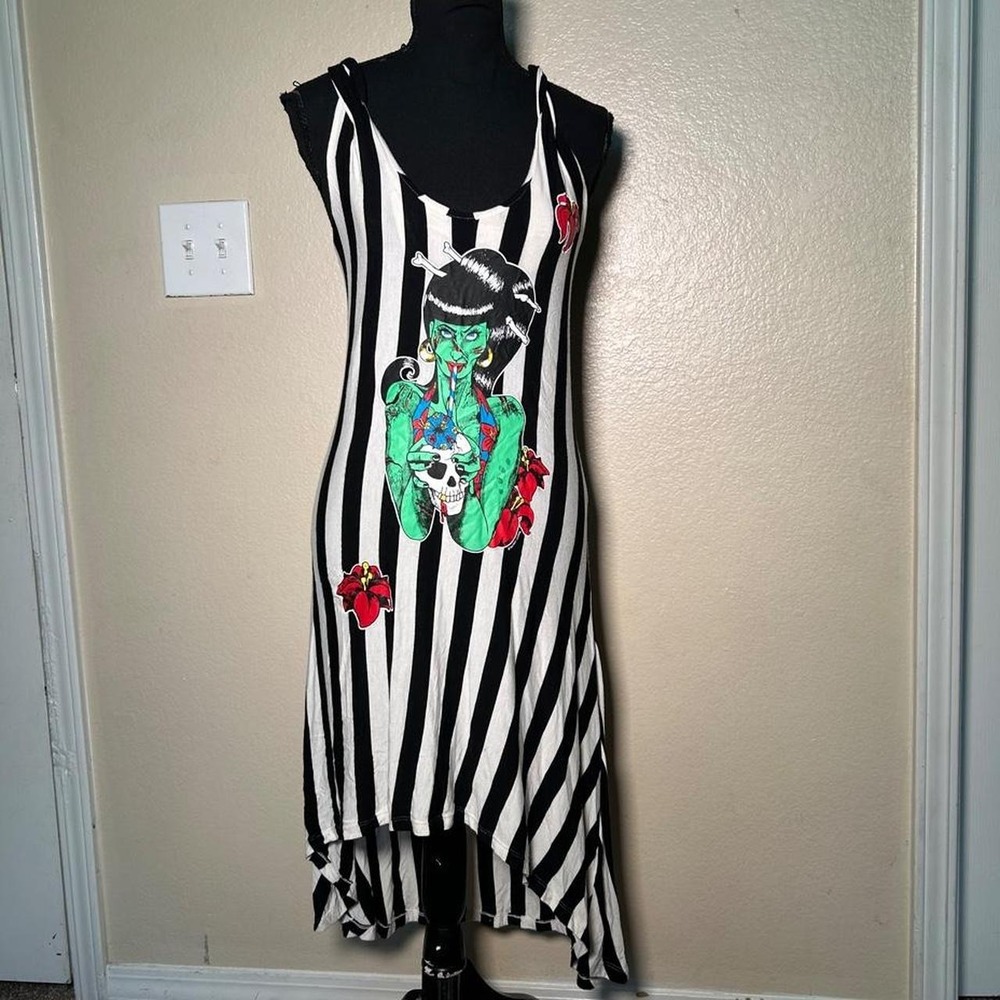 Sourpuss Y2K Black White Striped Graphic Asymmetrical Goth Punk Dress Large
